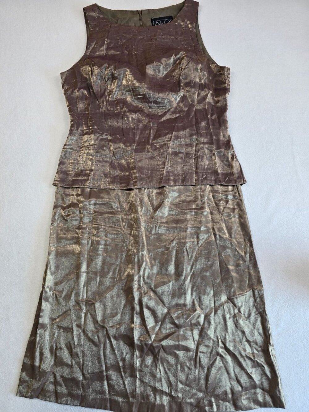 Alex Evenings 12 Sleeveless Iridescent Gold Bronze Formal Midi Dress